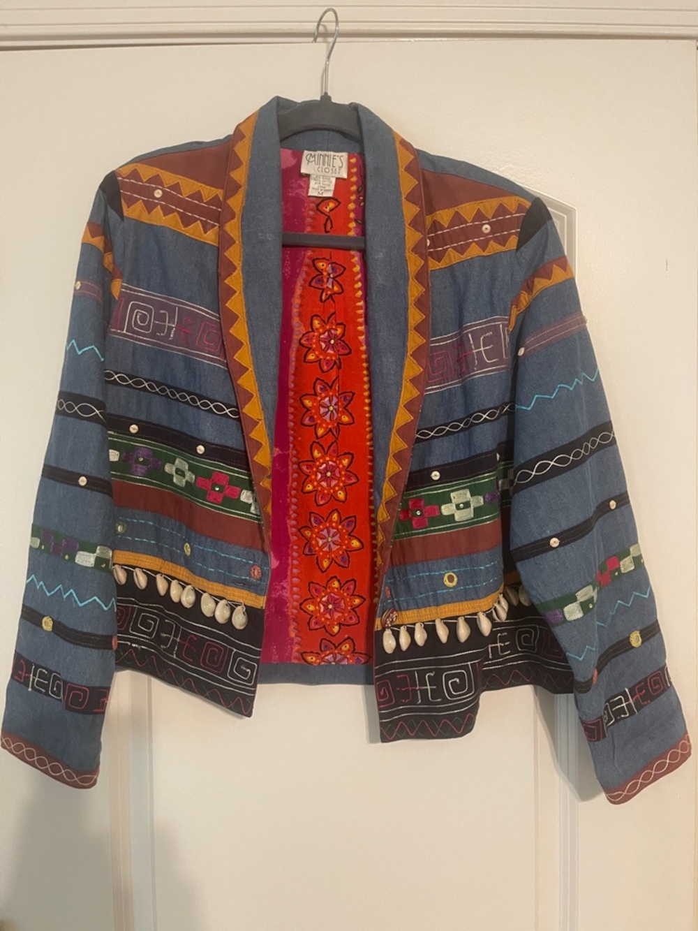 Vintage Minnie’s Closet Multicolor Embroidered Denim Jacket with Shell Trim